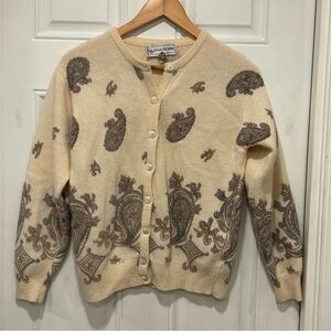 Vintage Evan Picone Wool Angora Cardigan Sweater Paisley, Preppy, Ivory, Medium